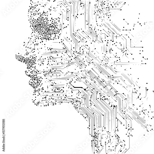 Abstract representation of a human face integrated with a complex circuit board design in black and white