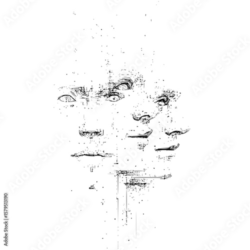 Artistic rendering of multiple facial features eyes noses and lips in a distressed black and white style