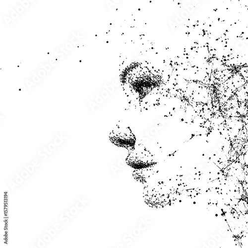 Abstract portrait of a woman dissolving into particles on a white background in black and white style