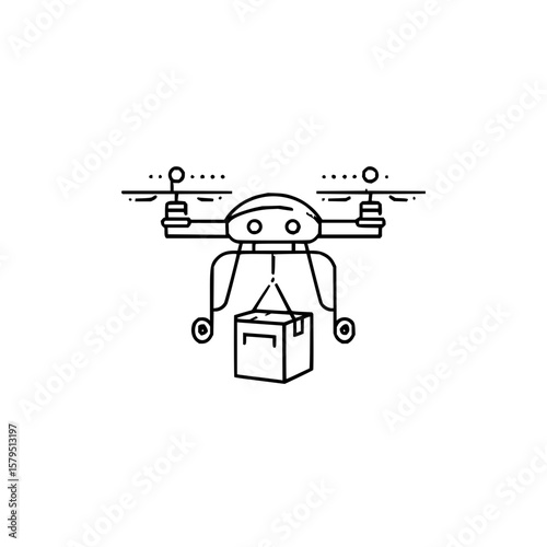 Outline drawing of a drone carrying a package suspended below it with rotors and simple design elements present