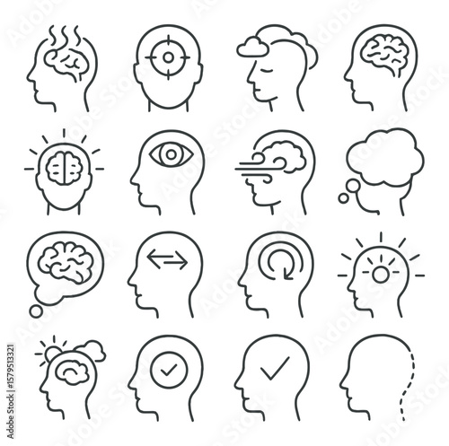 Mental clarity collection, mindfulness and focus icons. cognitive and brain health symbols