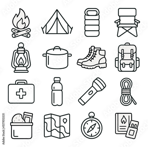 Camping essentials collection, outdoor adventure icons. hiking and travel gear set