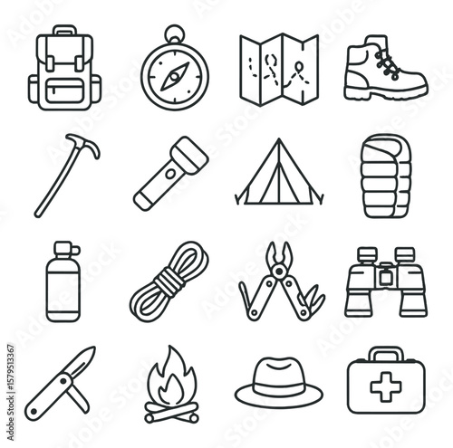 Adventure gear collection: outdoor equipment icons set for exploration and camping