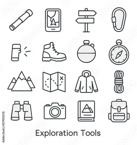 Exploration tools collection, outdoor adventure icons. hiking and camping gear set