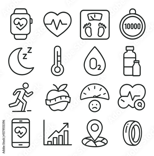 Wellness monitoring collection, health and fitness icons. lifestyle and activity tracker set