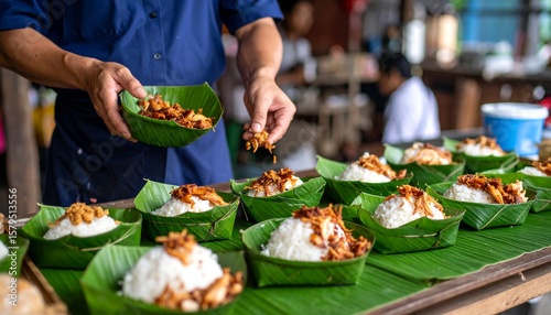 Preparing Sticky Rice with Grilled Chicken Xôi Gà. Traditional Vietnamese Street Food