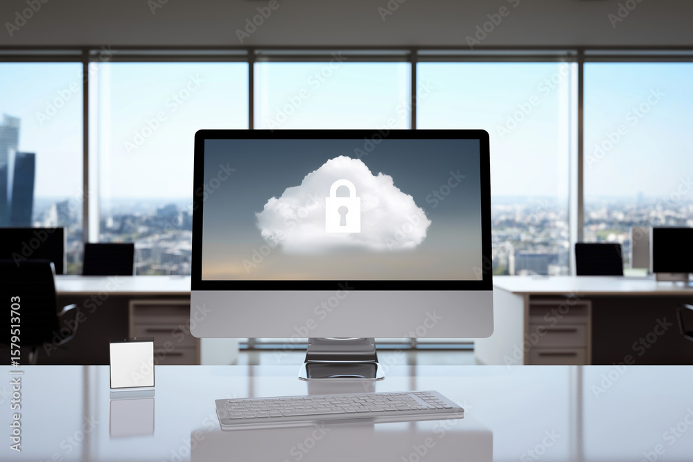 Fototapeta premium Computer screen displaying cloud security symbol in modern office environment
