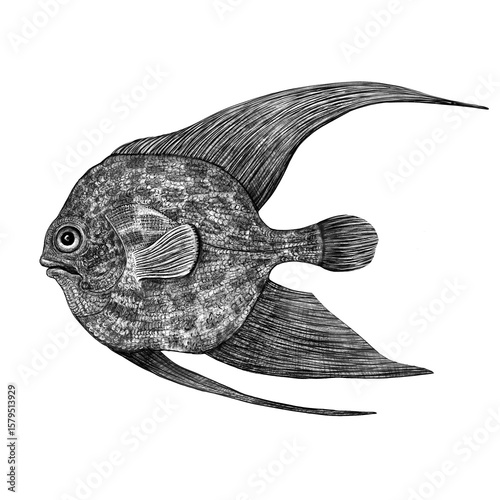 Antique style illustration of imaginary tropical fish