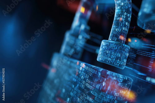 Digital security lock surrounded by binary code in a cyber environment