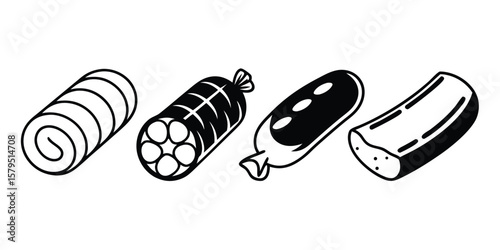 Collection of 12 Meat Product Line Icons Butcher Shop Sausage Steak Ham and More in Silhouette Style on transparent background bundle meat product line icons