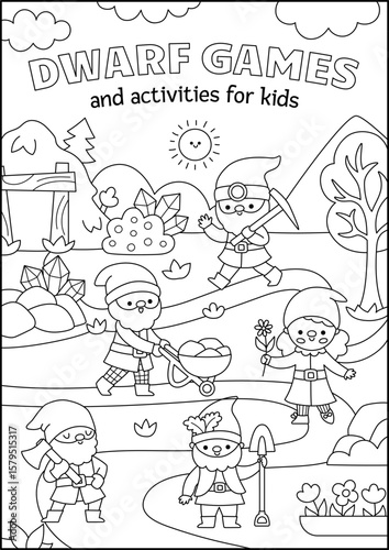 Vector black and white vertical scene with dwarfs. Forest gnomes line landscape illustration. Cute background, book cover for kids with magic creatures. Funny fairytale scene, coloring page