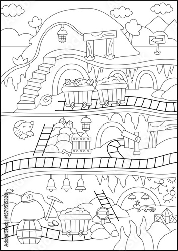 Vector black and white empty underground dwarf mine background. Line gnome goldmine tunnel in cave with railways, wagon with gemstones, lantern. Mountain gold ore dig coloring page