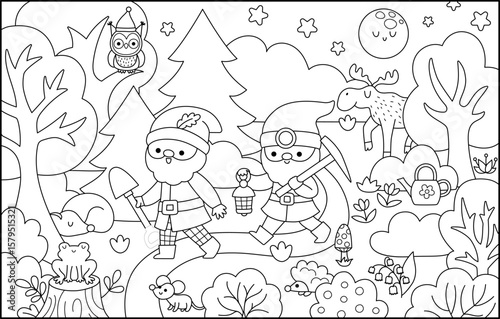 Vector black and white horizontal scene with dwarfs going through night forest with shovel and lantern. Cute gnome country line landscape. Woodland, fantasy forest background, coloring page