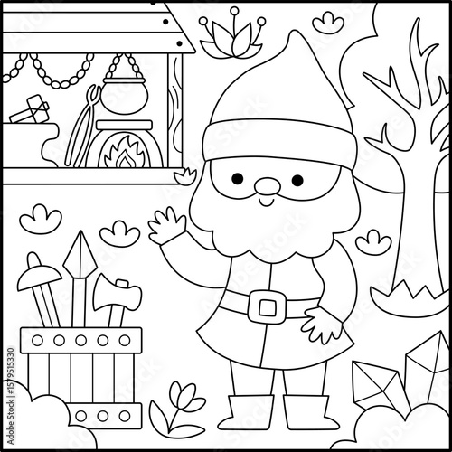 Vector black and white square scene with dwarf blacksmith with tools, forge or smithy, gem stones. Line landscape with gnome ironsmith. Woodland, fantasy forest background, coloring page