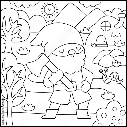 Vector black and white square scene with dwarf with axe, little hill house. Line landscape with gnome miner, worker or lumberjack. Woodland, fantasy forest background, coloring page