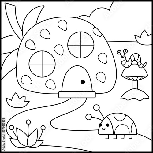Vector black and white square scene with ladybug standing near dwarf house shaped as strawberry. Woodland line landscape with gnome home. Magic forest background, coloring page