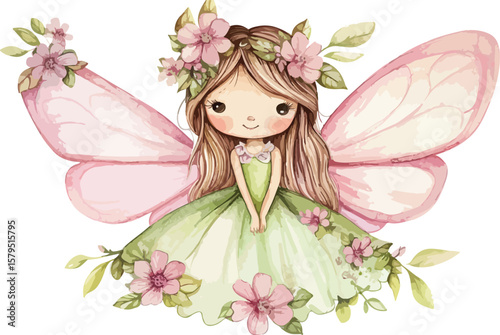 Cute Watercolor Fairy Girl with Floral Crown and Wings