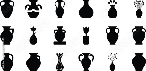 Vase silhouette set, vase vector collection, diverse vase designs, ancient, ceramic, potter, amphora. Antique vases symbols vectors on transparent background.