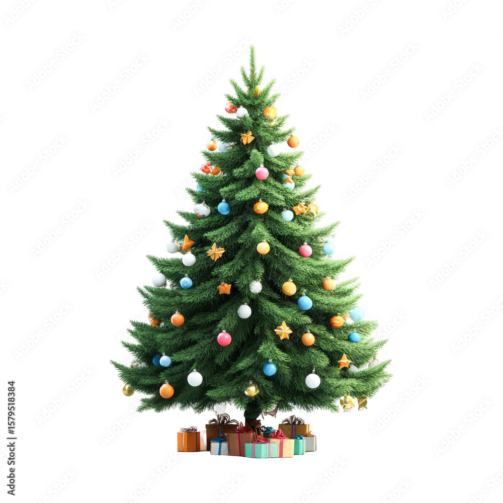 Fototapeta premium Decorated Christmas tree with presents underneath | isolated on transparent background, perfect cutout, PNG