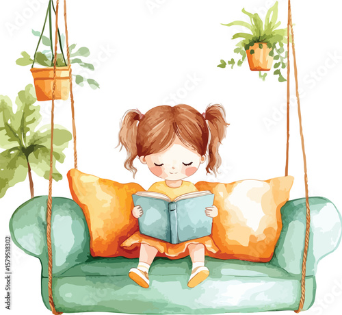 Cute Girl Reading a Book on a Swing