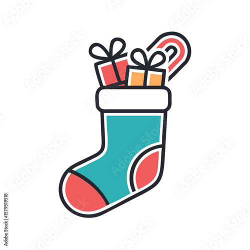 Colorful Christmas stocking filled with gifts and candy canes  