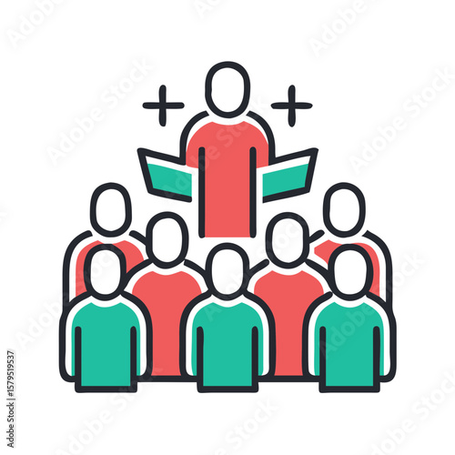 Group of people listening to speaker in colorful illustration  
