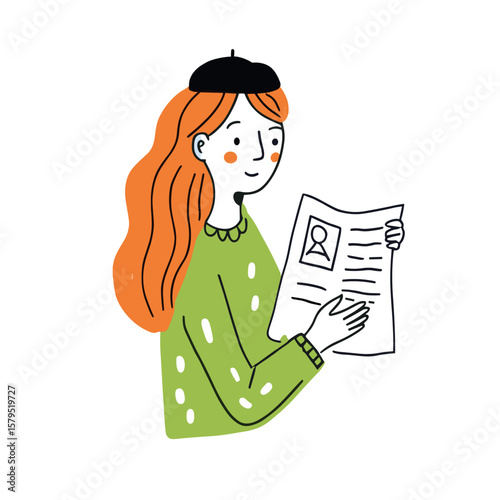 Young woman with red hair in beret reading newspaper with portrait