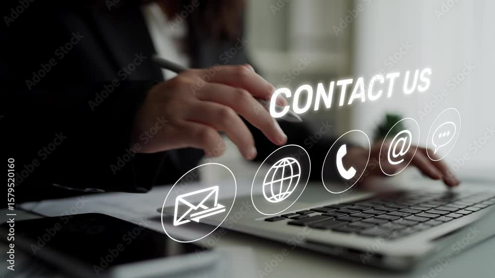 UI concept for contact us section showing icons for email, web, phone, and message. Contact and support icons help streamline business communication and improve customer contact experience. Muxer