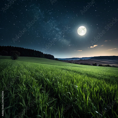 night landscape with grass and sky with moon