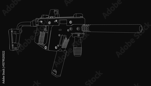 A black and white detailed drawing of a submachine gun with a long barrel, textured handle, and visible trigger mechanism. The weapon stands out sharply against a solid black background.