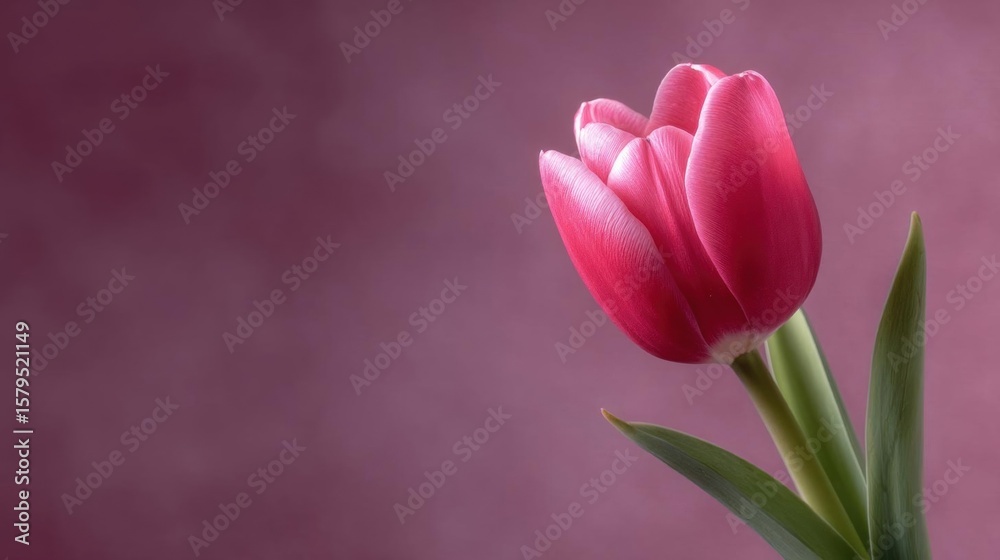 Fototapeta premium Close-up of a single pink tulip bud. the tulip is in full bloom, with its petals spread out in a fan-like shape.