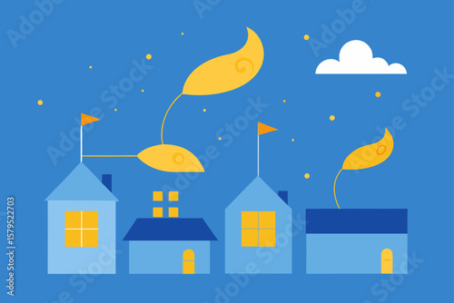 Whimsical Nighttime Village A Charming Illustration of Cozy Houses Under the Stars