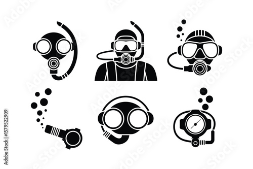 Black scuba diving equipment icons diving mask snorkel
