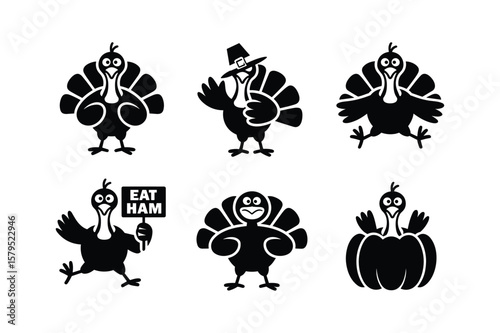 Black silhouette turkeys in various poses and actions white background thanksgiving