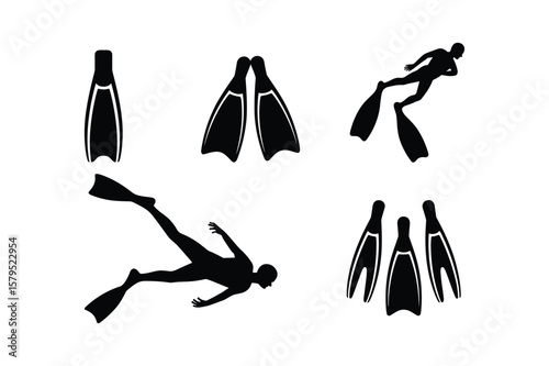 Black silhouettes of divers and fins swimming freediving