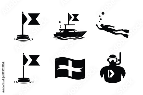 Nautical flags boat diver and snorkeling gear scuba diving