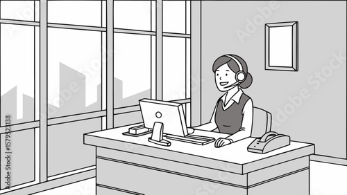 Receptionist in modern office environment with headset