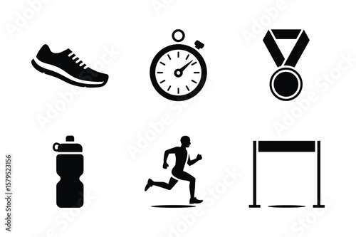 Running shoe stopwatch medal water bottle runner finish line vector