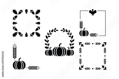Thanksgiving decorative elements with pumpkins wheat and turkey autumn harvest