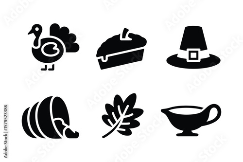 Thanksgiving icons turkey pie pilgrim hat cornucopia oak leaf gravy boat holiday
