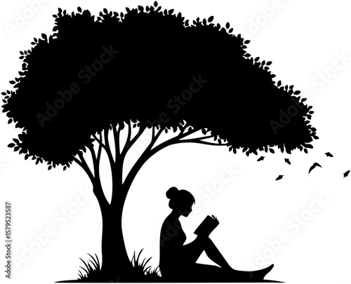 "Black Silhouette of a Person Reading Book While Sitting Under Tree Vector"
