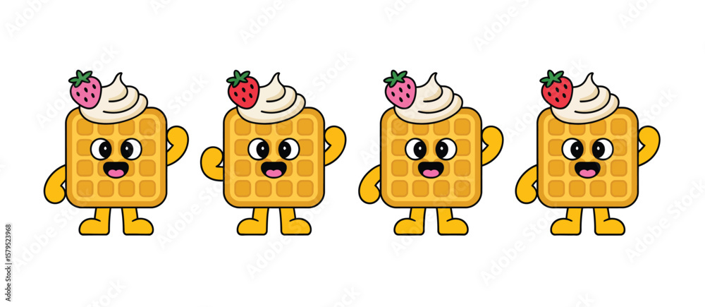 Fototapeta premium Cute Cartoon Waffles with Whipped Cream and Strawberries