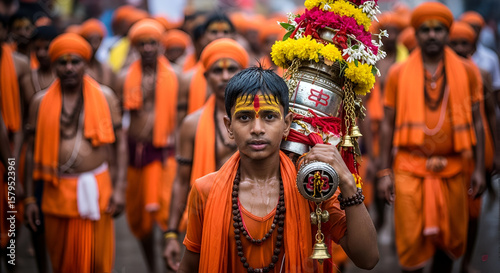 Devotee Carrying Sacred Kanwar During Kanwar Yatra – Annual Hindu Pilgrimage in Devotion to Lord Shiva
