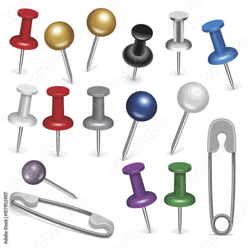 Assorted Colored Pushpins and Safety Pin