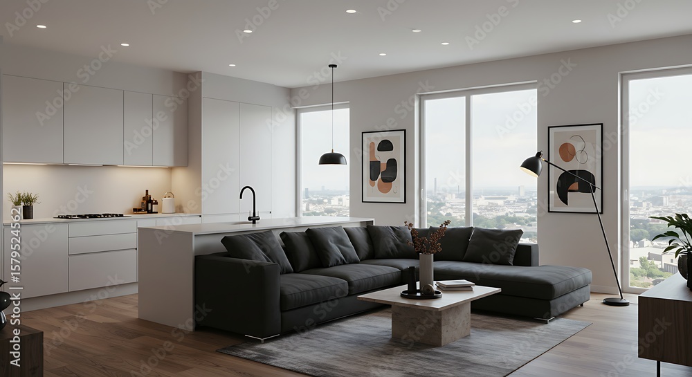 Fototapeta premium Modern apartment interior design showcasing open-plan kitchen and living area with large windows and city view.