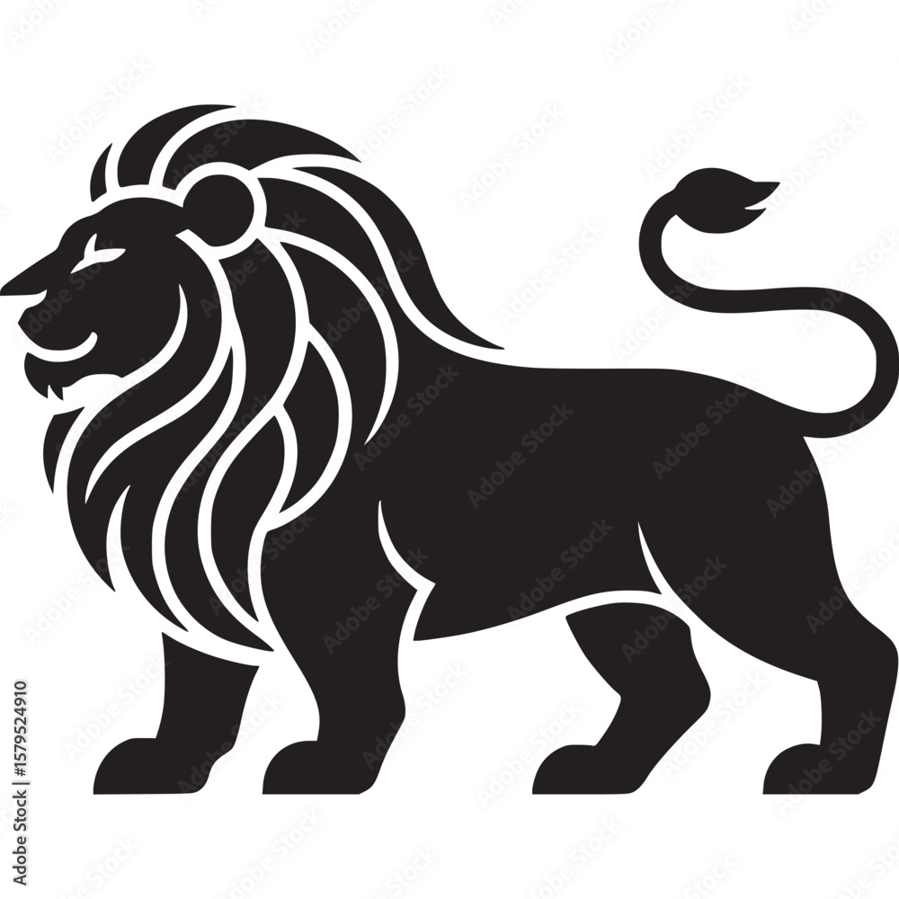 Obraz premium A black silhouette of a lion standing with a mane and tail on a light gray background design on transparent background
