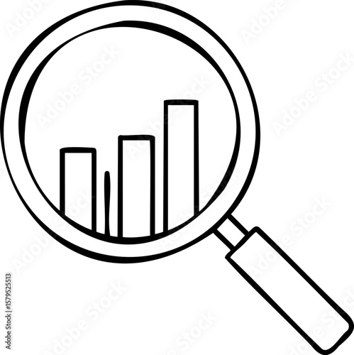 Magnifying glass with bar chart inside symbolizing data analysis and business growth concept in simple line art style