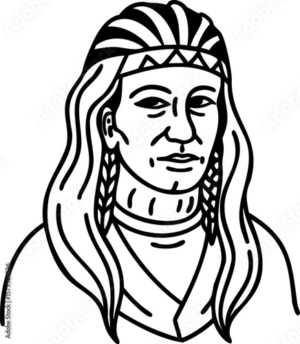 Native American man with long hair and traditional headband, detailed line art showing facial features and clothing style