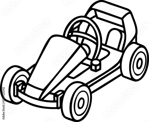 Go kart line art with steering wheel and four wheels in simple black outline style