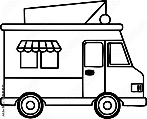 Food truck with serving window and awning side view simple line art design